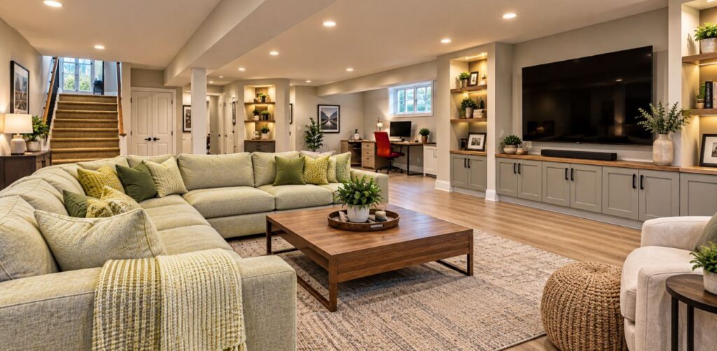 Modern basement remodel with family room, home office, TV, and light wood flooring