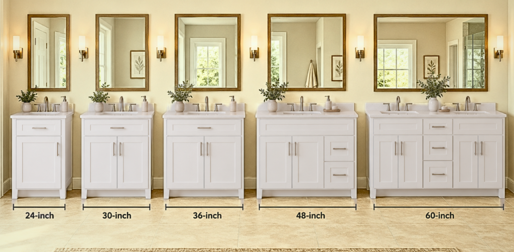 Bathroom vanity size comparison showing 24-inch, 30-inch, 36-inch