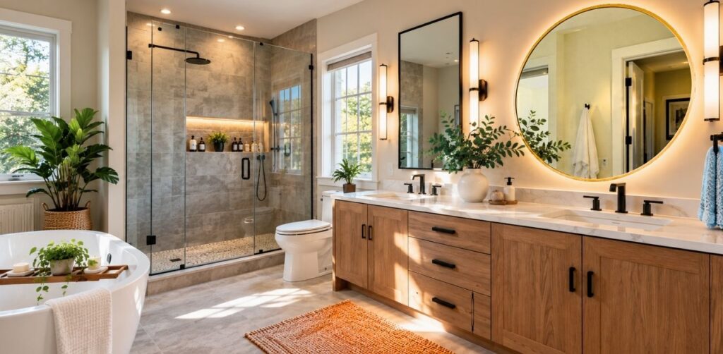 Modern bathroom featuring different bathroom mirror design ideas with LED lighting