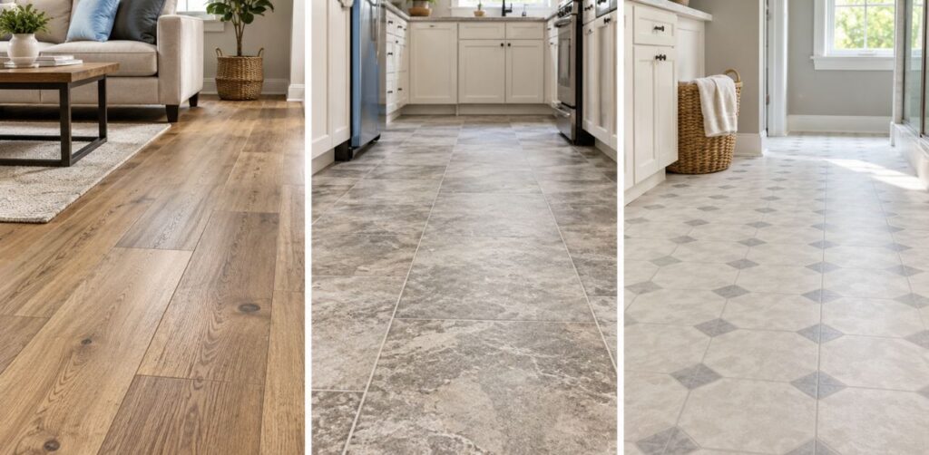 ain types of vinyl flooring including LVP, LVT, and sheet vinyl flooring`