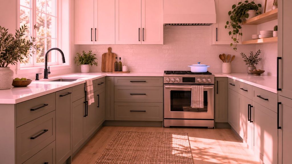 Kitchen cabinets with new matte black bar pull handles on the drawers and doors