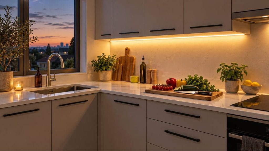 under cabinet LED strip lighting in a small kitchen on a budget