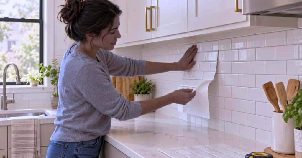 peel and stick backsplash DIY small kitchen idea on a budget