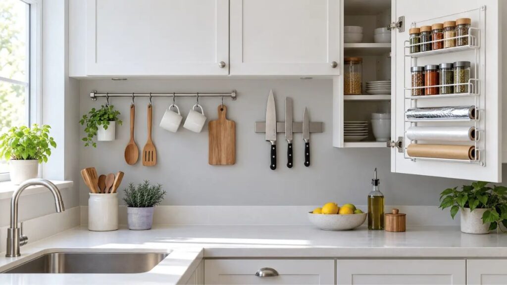 wall rail and cabinet door rack for storage in a small kitchen on a budget