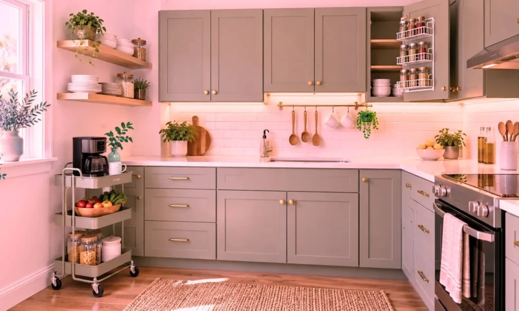 small kitchen ideas on a budget with painted cabinets and shelves